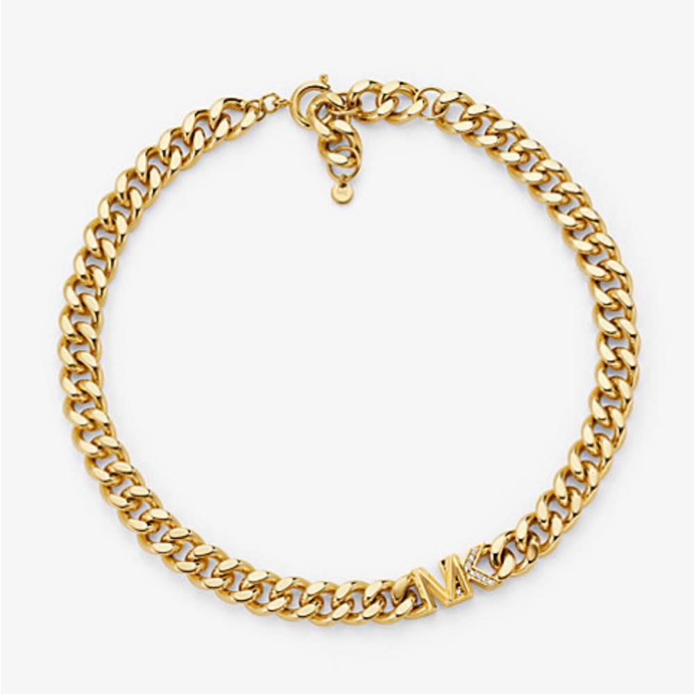 NWT Micheal Kors 14K Gold Plated Brass Pave Logo Chain Curb Necklave